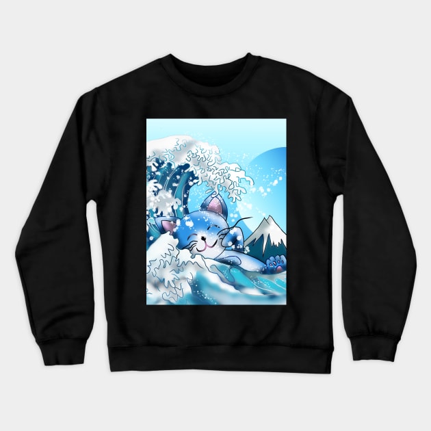 Cat swimming in the wave off Kanagawa Crewneck Sweatshirt by cuisinecat